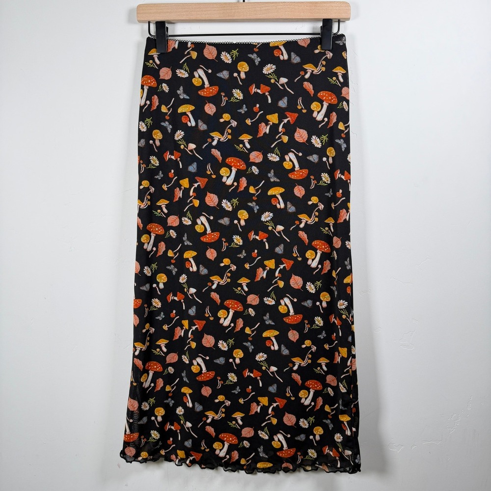 Forever 21 Mushroom Midi Skirt Small Black Mesh Lettuce Trim Boho Nature